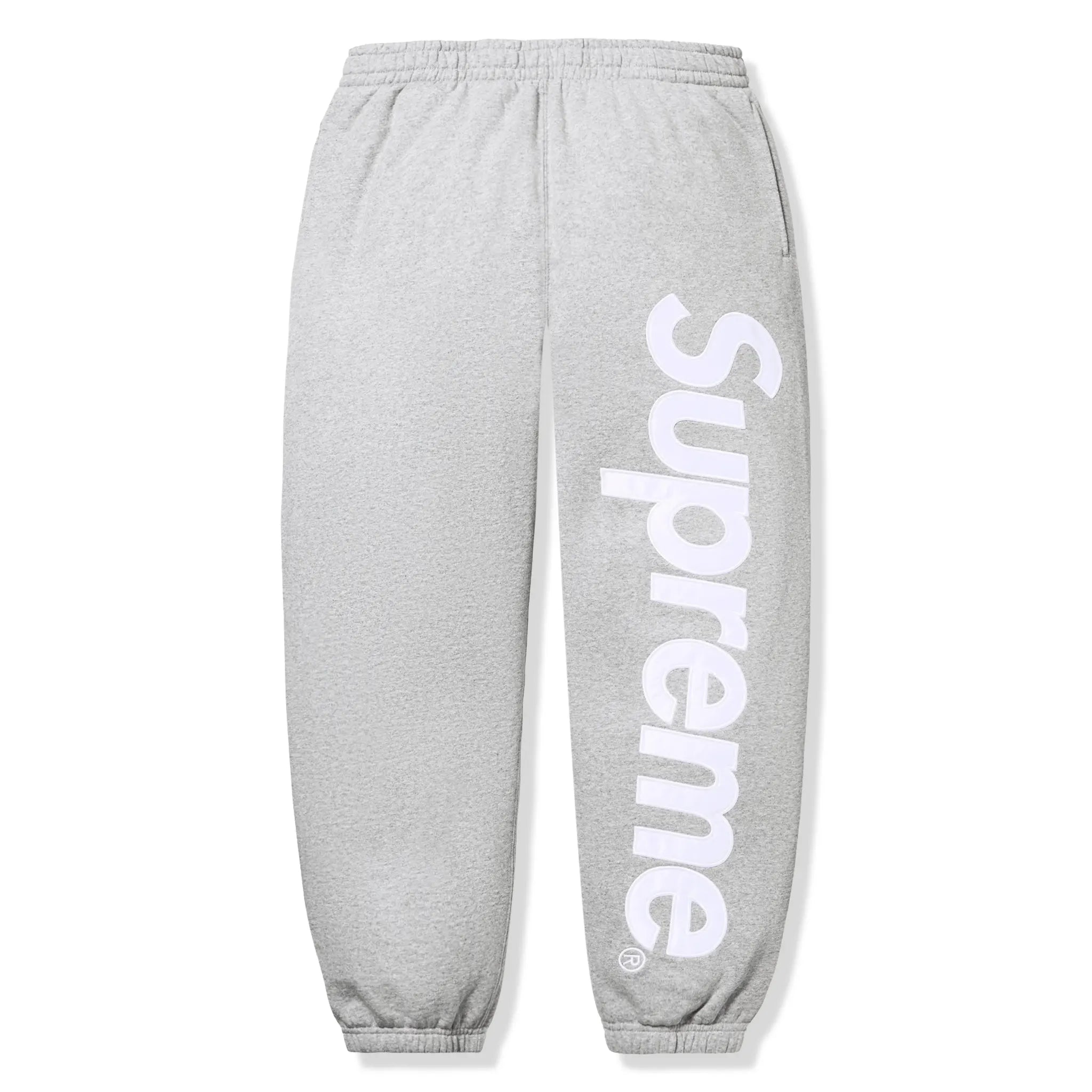 Bottom View of Supreme Satin Appliqué Heather Grey Hoodie & Sweatpants (FW25) FW25SW77-HEATHER GREY | FW25P93- HEATHER GREY